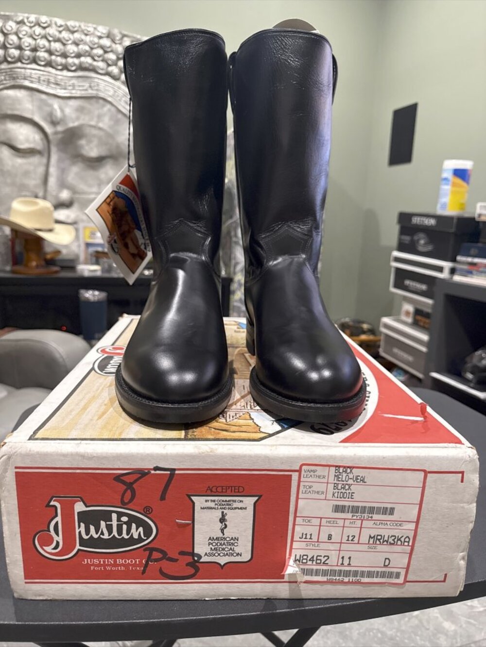 VINTAGE Justin 8462 Roper Black Calfskin Leather Cowboy Boots USA Mens 11D - NWT